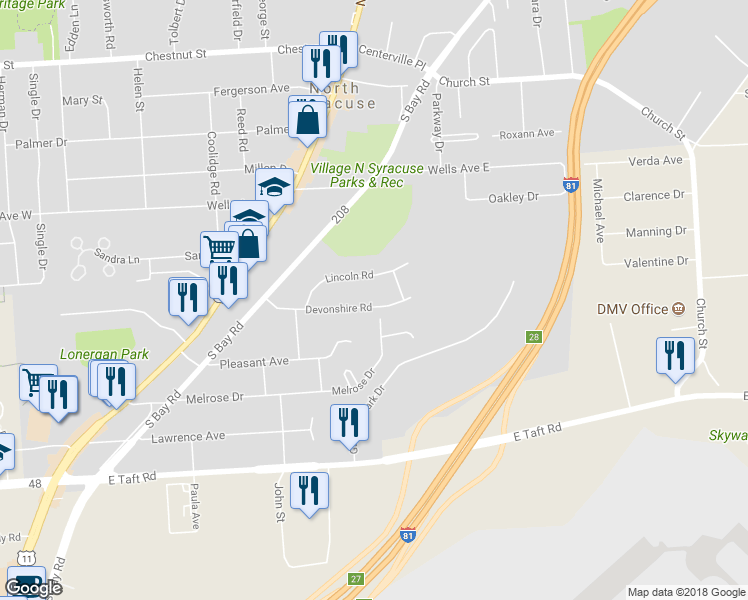 map of restaurants, bars, coffee shops, grocery stores, and more near 25 Devonshire Road in Syracuse