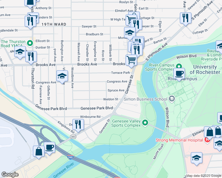 map of restaurants, bars, coffee shops, grocery stores, and more near in Rochester