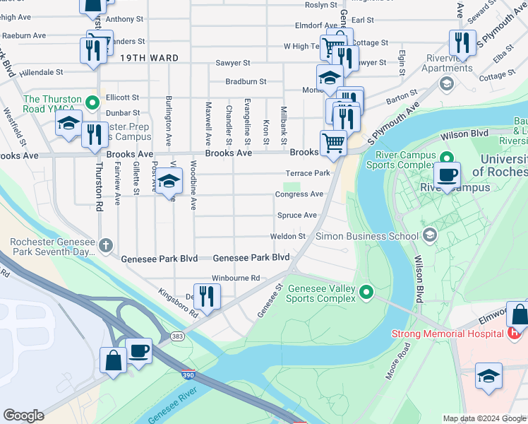map of restaurants, bars, coffee shops, grocery stores, and more near 149 Spruce Avenue in Rochester