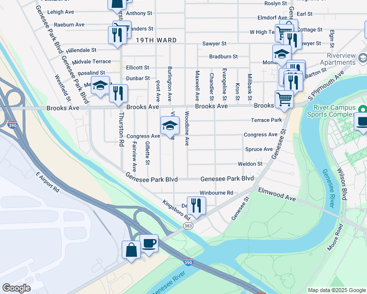 map of restaurants, bars, coffee shops, grocery stores, and more near 140 Virginia Avenue in Rochester