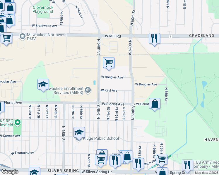 map of restaurants, bars, coffee shops, grocery stores, and more near 6313 West Kaul Avenue in Milwaukee
