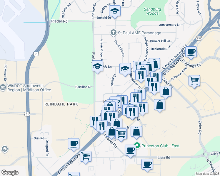 map of restaurants, bars, coffee shops, grocery stores, and more near 4110 Sunnyside Crescent in Madison