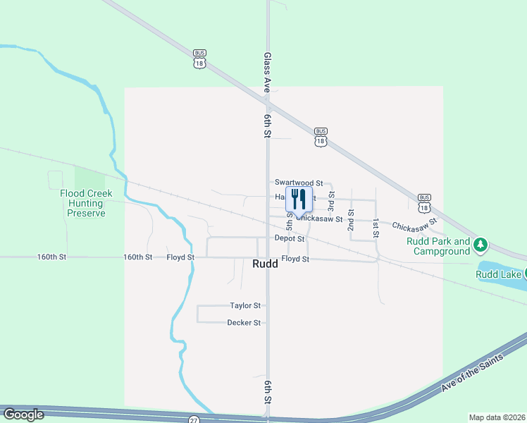 map of restaurants, bars, coffee shops, grocery stores, and more near 401-499 County Highway T26 in Rudd