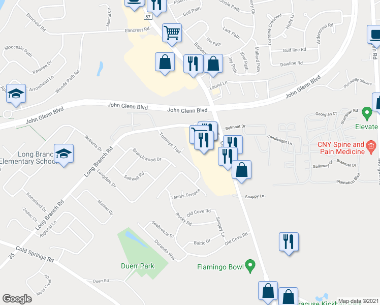 map of restaurants, bars, coffee shops, grocery stores, and more near 7090 Ourteds Circle in Liverpool