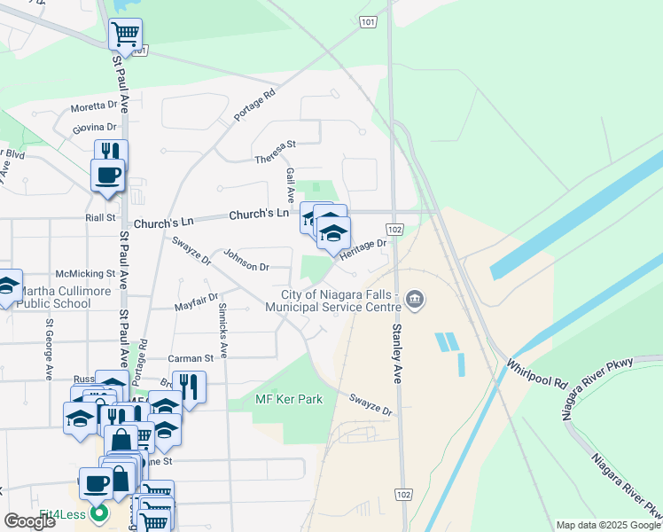 map of restaurants, bars, coffee shops, grocery stores, and more near Heritage Drive in Niagara Falls
