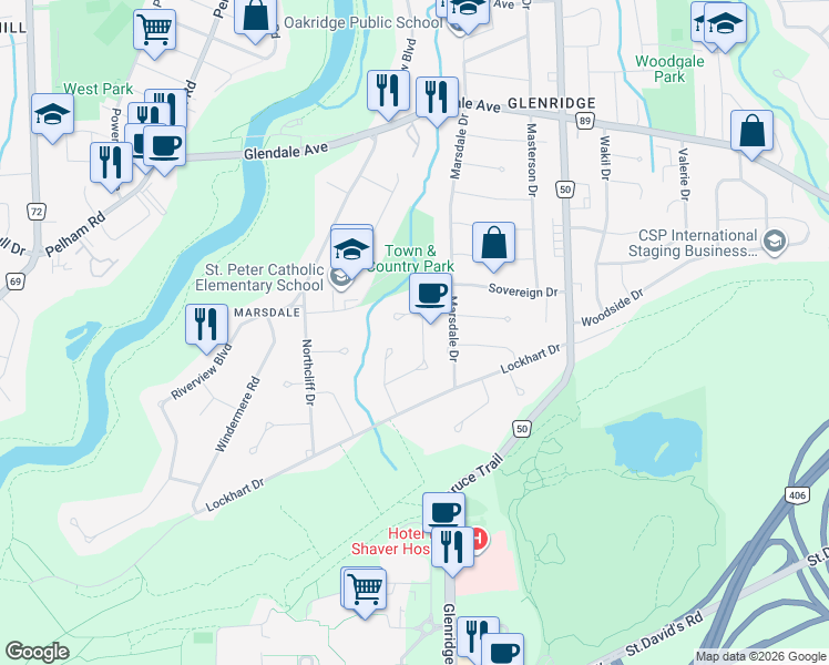 map of restaurants, bars, coffee shops, grocery stores, and more near 16 Briarfield Crescent in St. Catharines