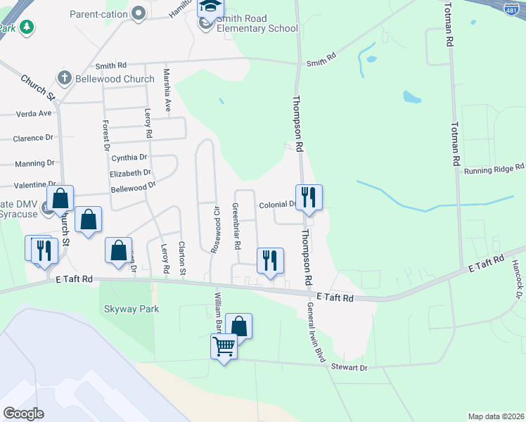 map of restaurants, bars, coffee shops, grocery stores, and more near 7424 Palmcrest Road in Syracuse
