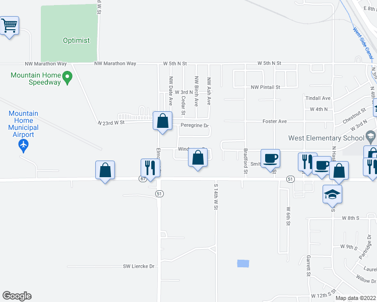 map of restaurants, bars, coffee shops, grocery stores, and more near 1700 Windmere Drive in Mountain Home