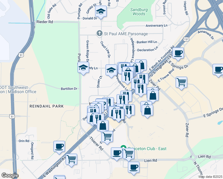 map of restaurants, bars, coffee shops, grocery stores, and more near 4314 Dwight Drive in Madison