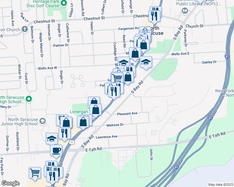 map of restaurants, bars, coffee shops, grocery stores, and more near 450 South Main Street in North Syracuse