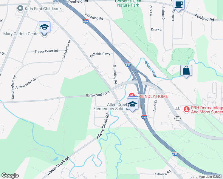 map of restaurants, bars, coffee shops, grocery stores, and more near 3939 Elmwood Avenue in Rochester