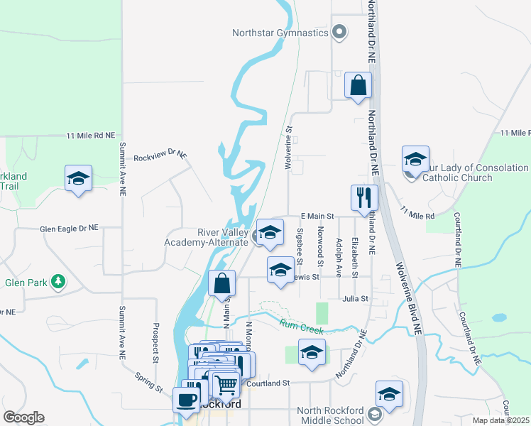 map of restaurants, bars, coffee shops, grocery stores, and more near 205 East Main Street in Rockford
