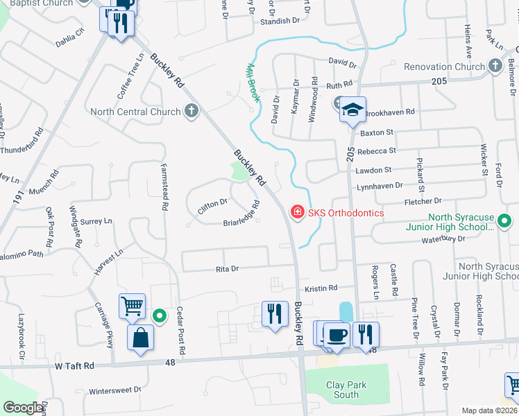 map of restaurants, bars, coffee shops, grocery stores, and more near 7381 Jessica Drive in Syracuse