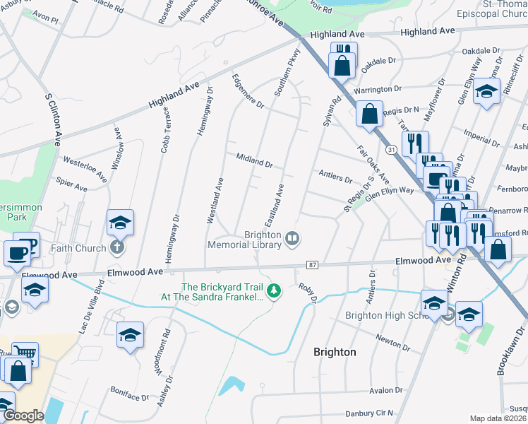 map of restaurants, bars, coffee shops, grocery stores, and more near 158 Eastland Avenue in Rochester