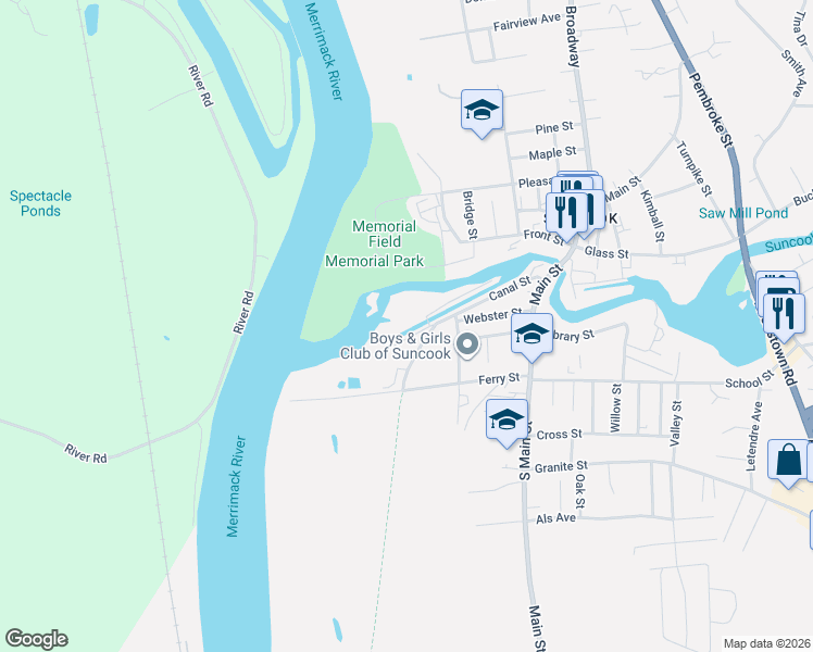map of restaurants, bars, coffee shops, grocery stores, and more near 25 Canal Street in Allenstown