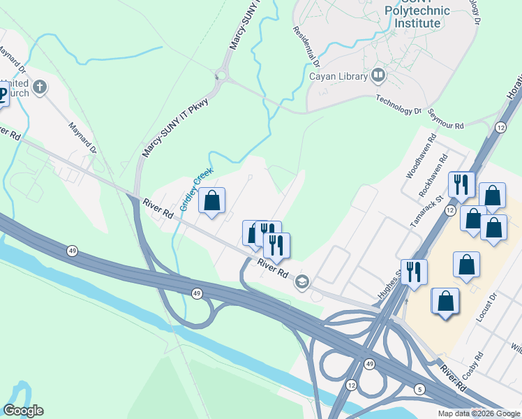 map of restaurants, bars, coffee shops, grocery stores, and more near 5491 Flanagan Road in Marcy