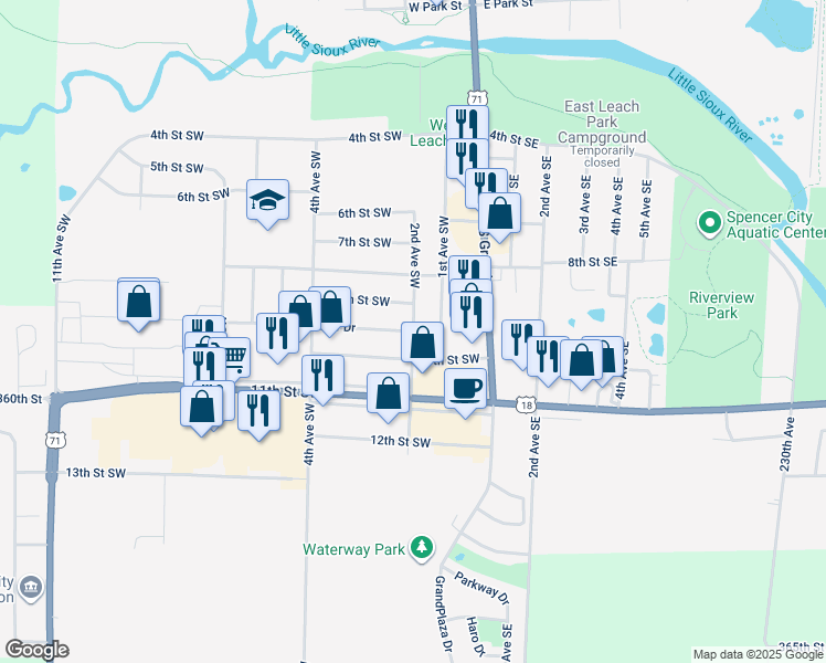 map of restaurants, bars, coffee shops, grocery stores, and more near 2nd Avenue Southwest in Spencer