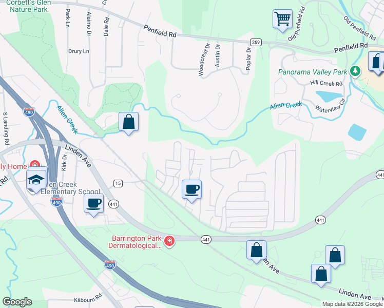 map of restaurants, bars, coffee shops, grocery stores, and more near 3 Miami Drive in Rochester