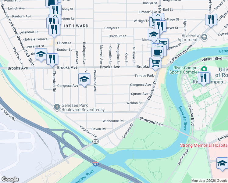 map of restaurants, bars, coffee shops, grocery stores, and more near 205 Spruce Avenue in Rochester