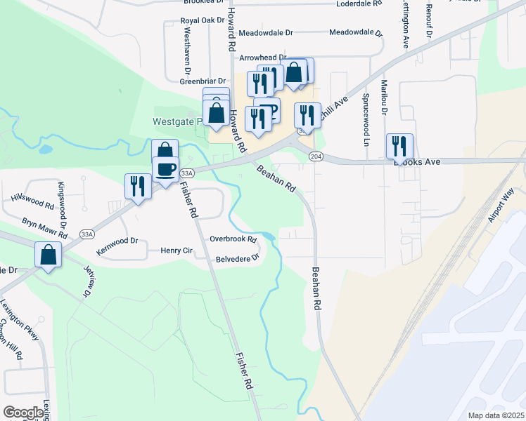 map of restaurants, bars, coffee shops, grocery stores, and more near 525 Beahan Road in Rochester