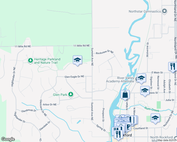 map of restaurants, bars, coffee shops, grocery stores, and more near 405 Summit Avenue Northeast in Rockford