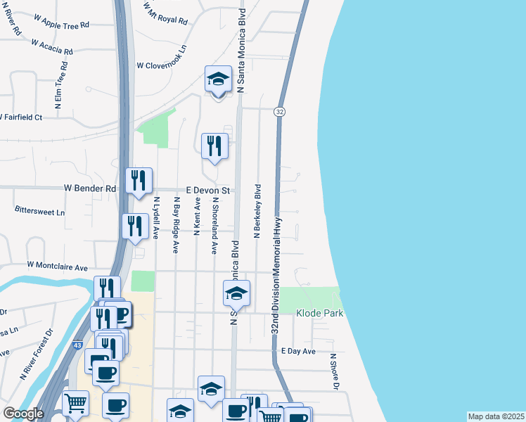 map of restaurants, bars, coffee shops, grocery stores, and more near 6113 North Lake Drive in Whitefish Bay