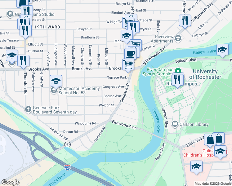 map of restaurants, bars, coffee shops, grocery stores, and more near 45 Spruce Avenue in Rochester