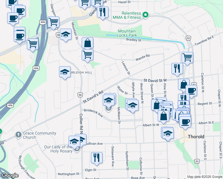 map of restaurants, bars, coffee shops, grocery stores, and more near 24 Munro Street in Thorold