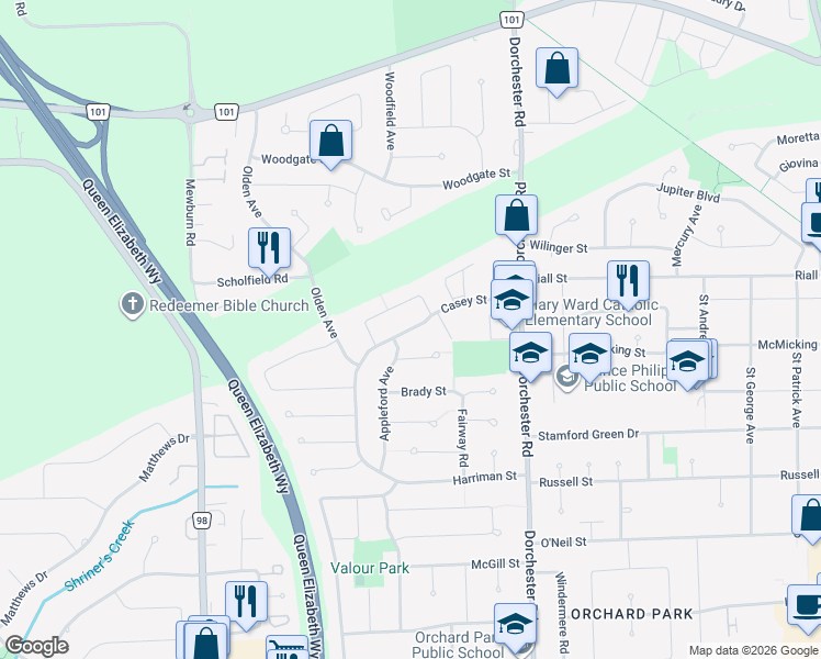 map of restaurants, bars, coffee shops, grocery stores, and more near Casey Street in Niagara Falls