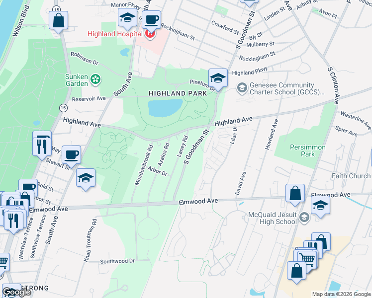 map of restaurants, bars, coffee shops, grocery stores, and more near 95 Laney Road in Rochester