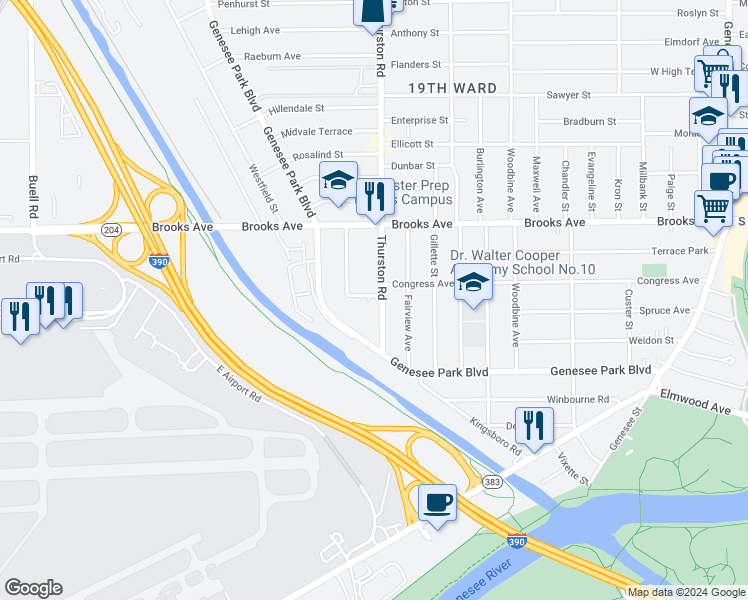 map of restaurants, bars, coffee shops, grocery stores, and more near 151 Brookdale Avenue in Rochester