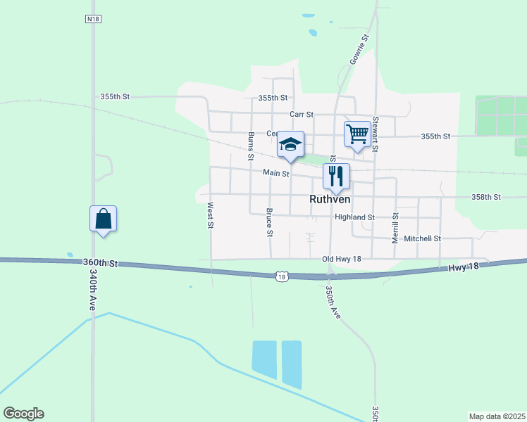 map of restaurants, bars, coffee shops, grocery stores, and more near 1201-1299 Highland Street in Ruthven