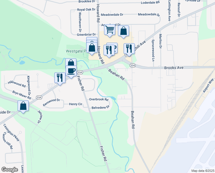 map of restaurants, bars, coffee shops, grocery stores, and more near 525 Beahan Road in Rochester