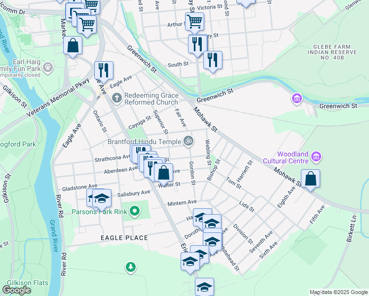 map of restaurants, bars, coffee shops, grocery stores, and more near 17 Edward Street in Brantford
