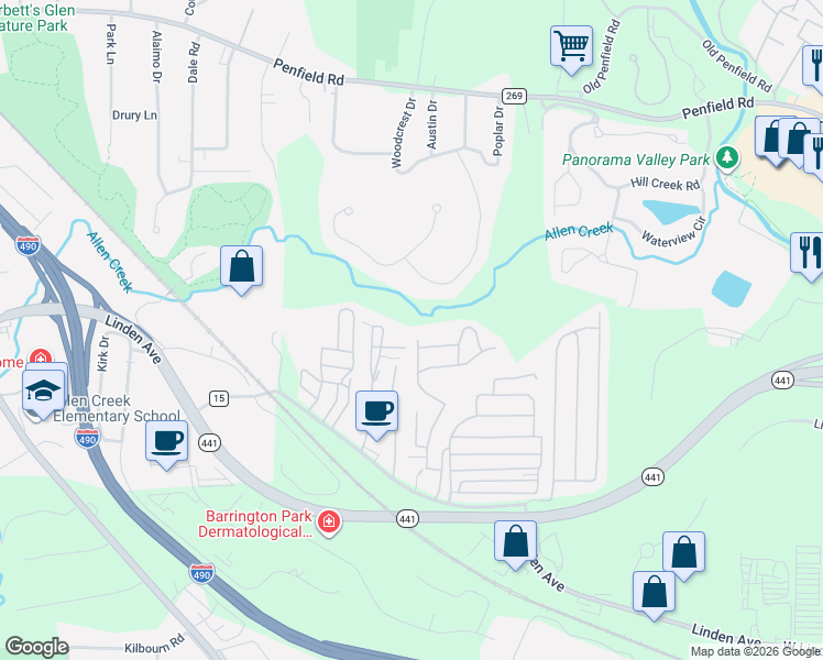 map of restaurants, bars, coffee shops, grocery stores, and more near 56 Wayside Drive in Panorama