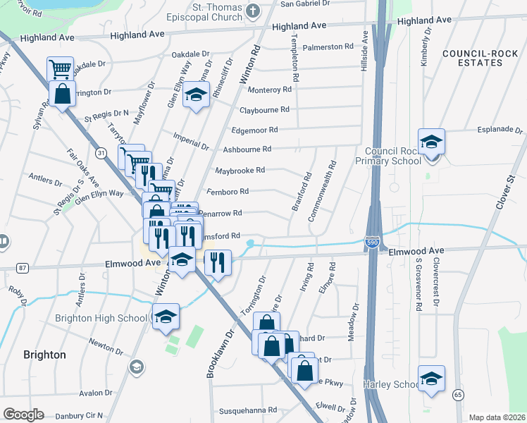 map of restaurants, bars, coffee shops, grocery stores, and more near Penarrow Road in Rochester