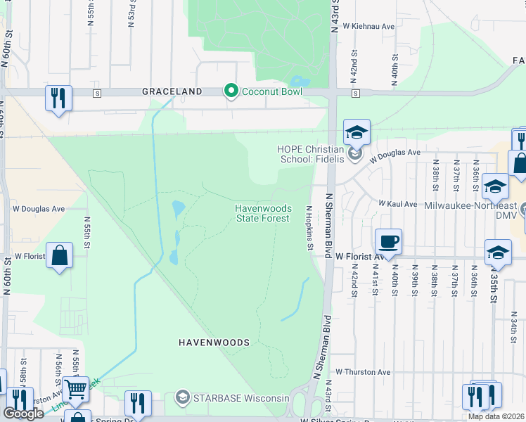 map of restaurants, bars, coffee shops, grocery stores, and more near 6141 North Hopkins Street in Milwaukee