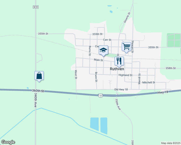 map of restaurants, bars, coffee shops, grocery stores, and more near 1201 Highland Street in Ruthven