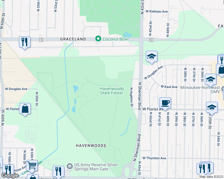 map of restaurants, bars, coffee shops, grocery stores, and more near 6141 North Hopkins Street in Milwaukee