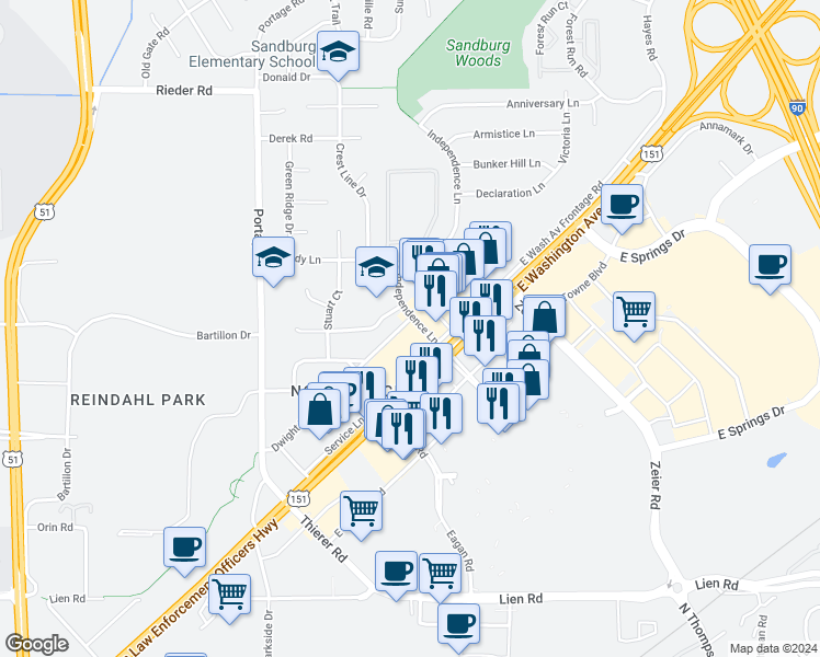 map of restaurants, bars, coffee shops, grocery stores, and more near 2222 Independence Lane in Madison