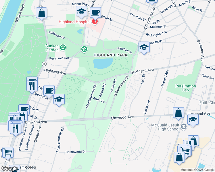 map of restaurants, bars, coffee shops, grocery stores, and more near 95 Laney Road in Rochester