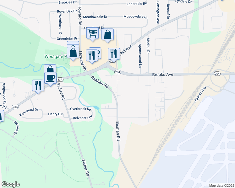 map of restaurants, bars, coffee shops, grocery stores, and more near 535 Beahan Road in Rochester
