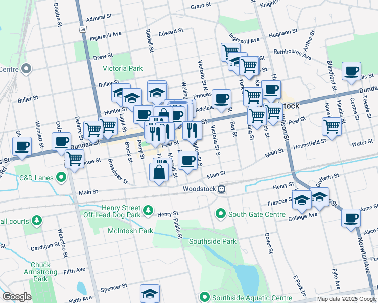 map of restaurants, bars, coffee shops, grocery stores, and more near in Woodstock