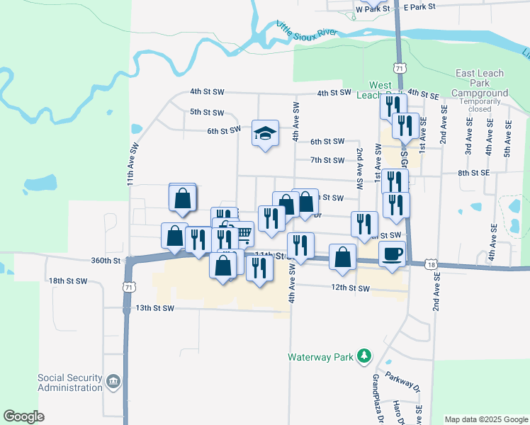 map of restaurants, bars, coffee shops, grocery stores, and more near 515 11th Street Southwest in Spencer