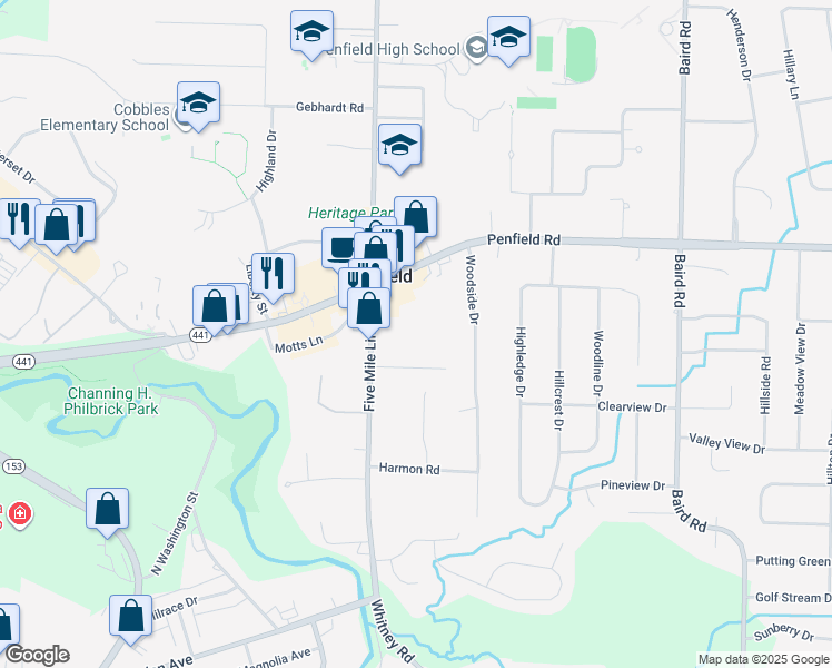 map of restaurants, bars, coffee shops, grocery stores, and more near 2140 Five Mile Line Road in Penfield