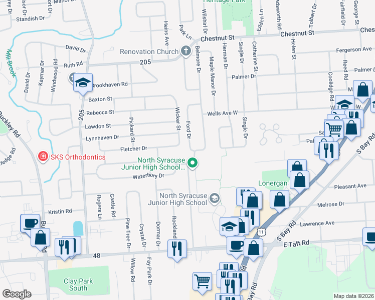 map of restaurants, bars, coffee shops, grocery stores, and more near 205 Waterbury Drive in Syracuse