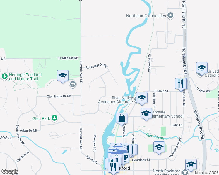 map of restaurants, bars, coffee shops, grocery stores, and more near 63 Riverchase Drive in Rockford