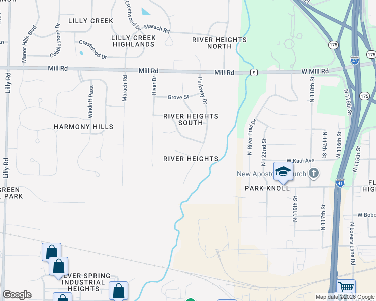 map of restaurants, bars, coffee shops, grocery stores, and more near W126N6087 Parkway Drive in Menomonee Falls