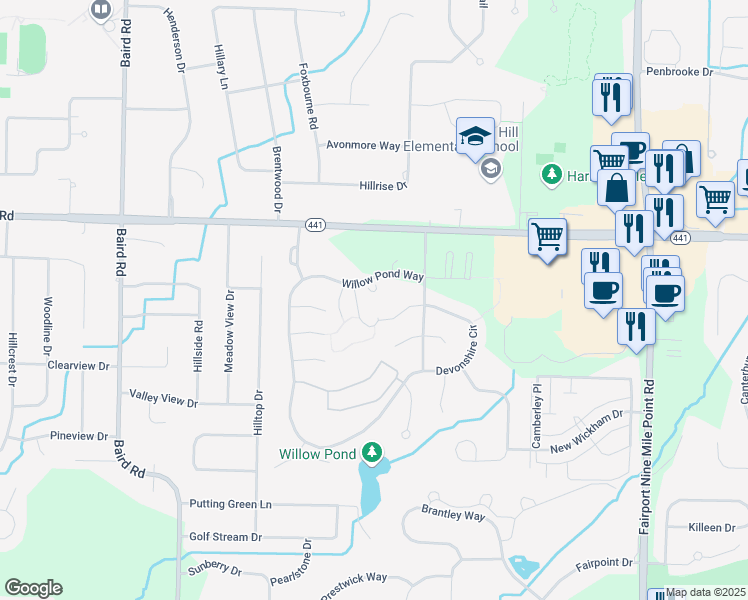map of restaurants, bars, coffee shops, grocery stores, and more near 40 Willow Pond Way in Penfield
