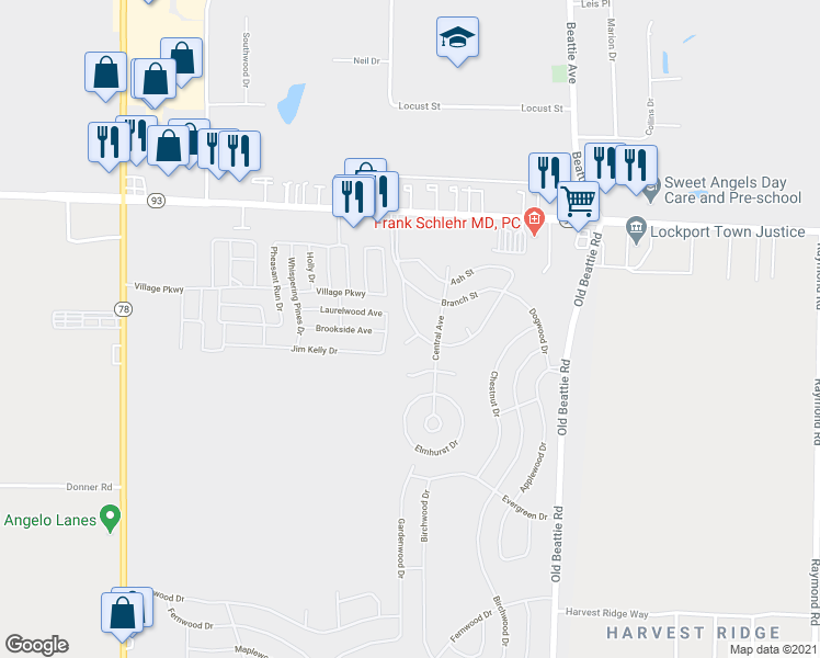 map of restaurants, bars, coffee shops, grocery stores, and more near 20 Crestwood Court West in Lockport